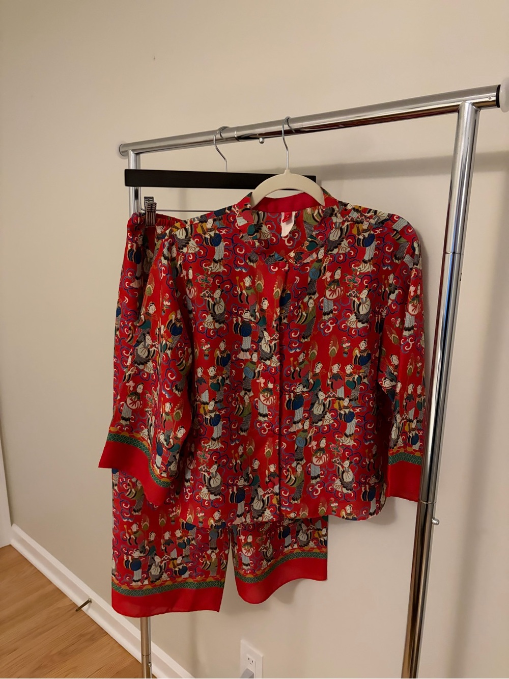 Women's Red Printed Pajama Set - Elegant Asian Inspired Sleepwear